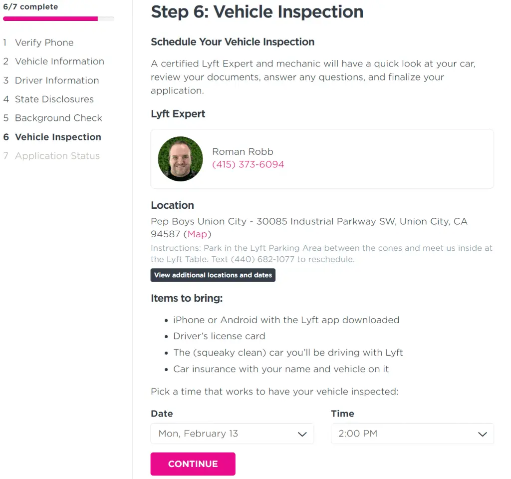 Lyft application-Schedule your vehicle inspection